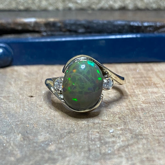 Opal with two Diamonds in 9ct White Gold