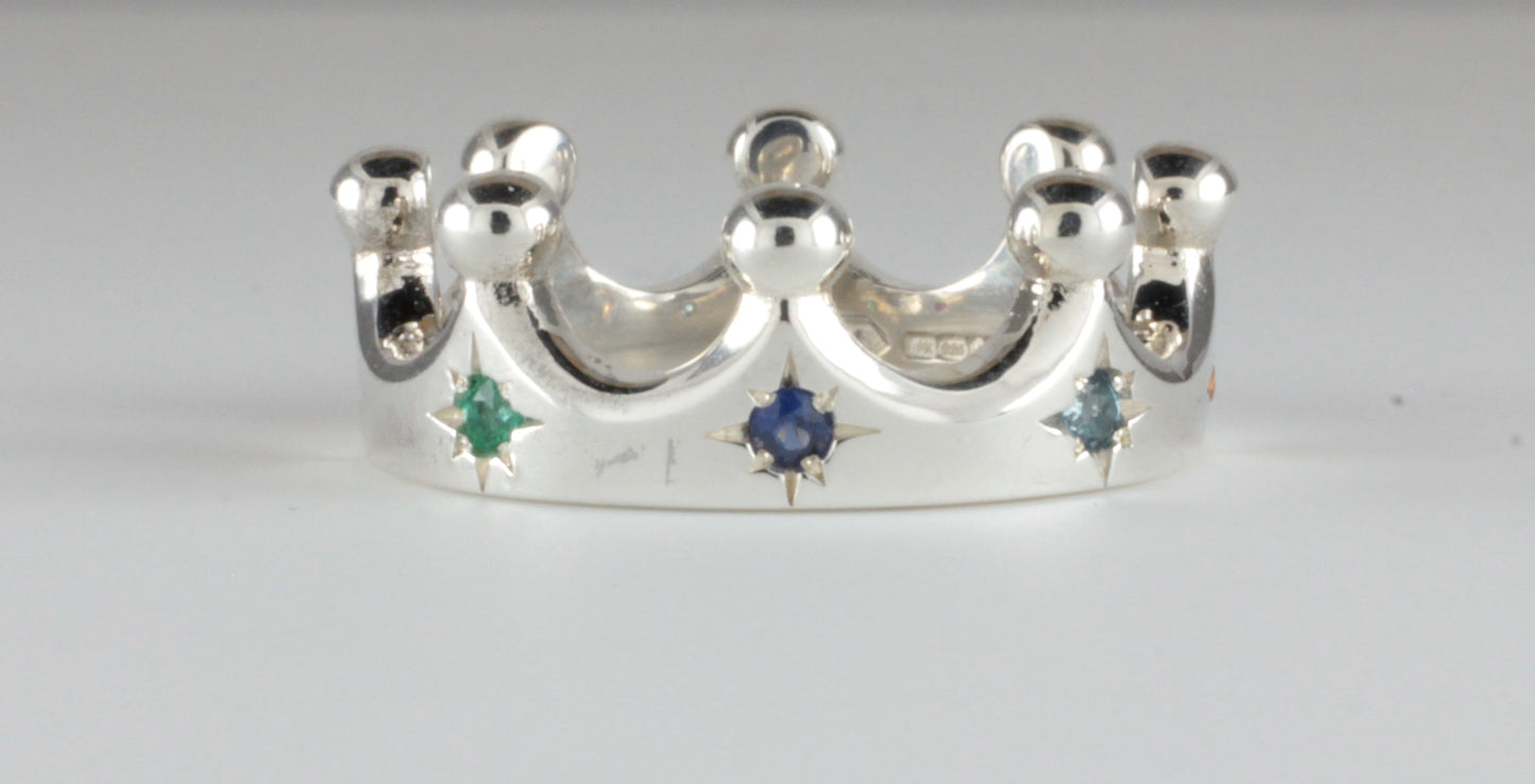 Platinum Crown Ring Fully Star Set with Multicoloured Gemstones