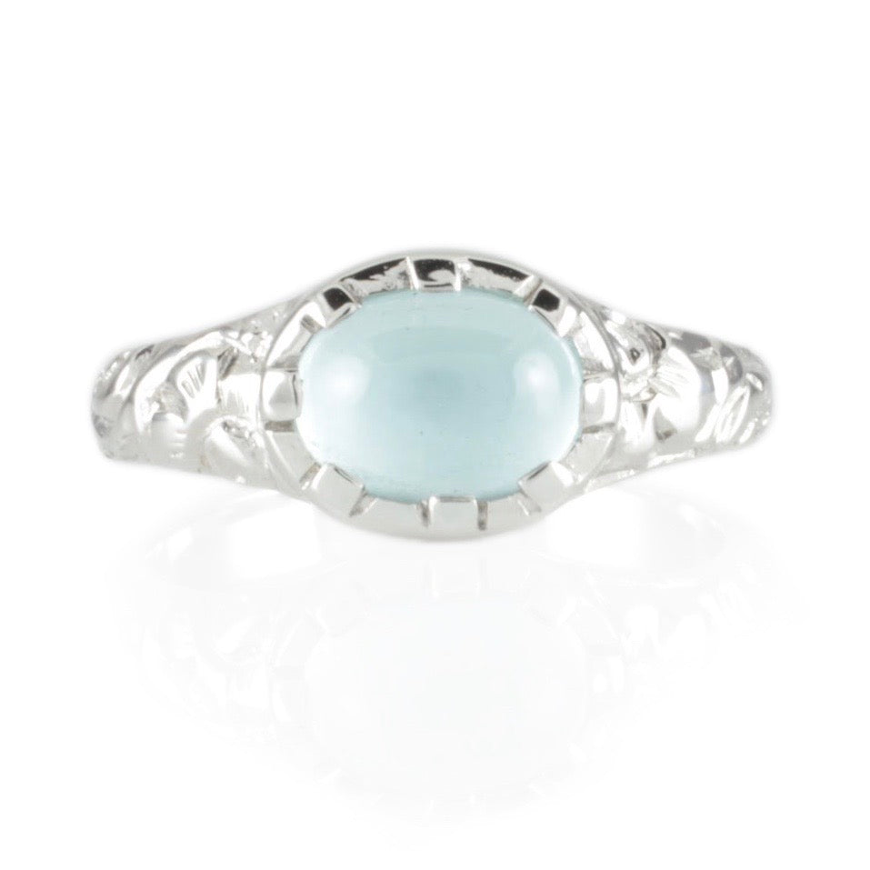 'Nida' Georgian style Oval Aquamarine Cabochon Ring