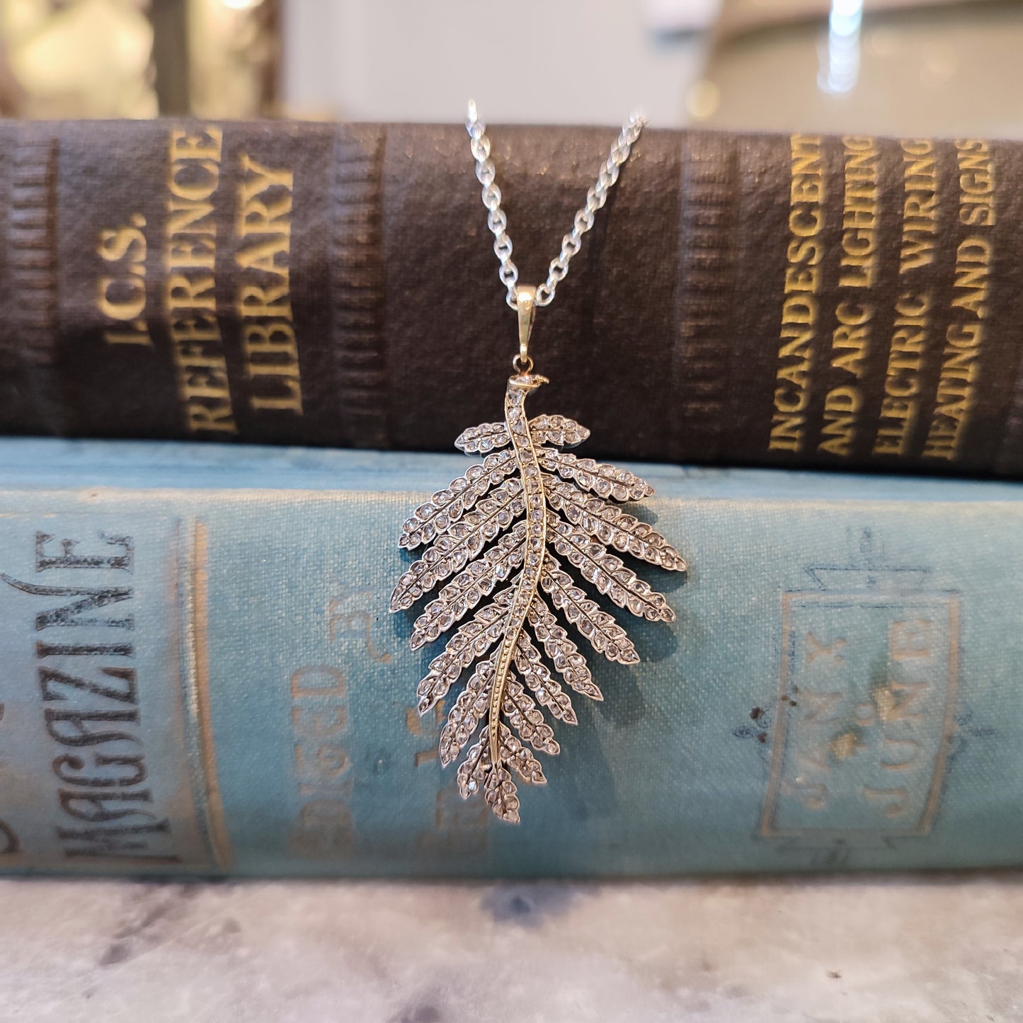c.1880's Antique Diamond Leaf Pendant in 15ct Rose Gold & Silver 1.10tcw
