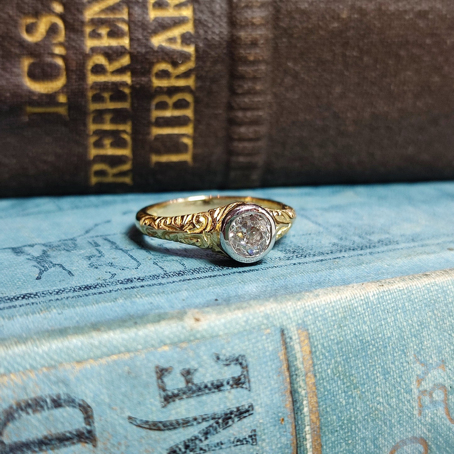 Victorian Carved Scrollwork Engagement Ring with 0.62ct Old European Cut Diamond