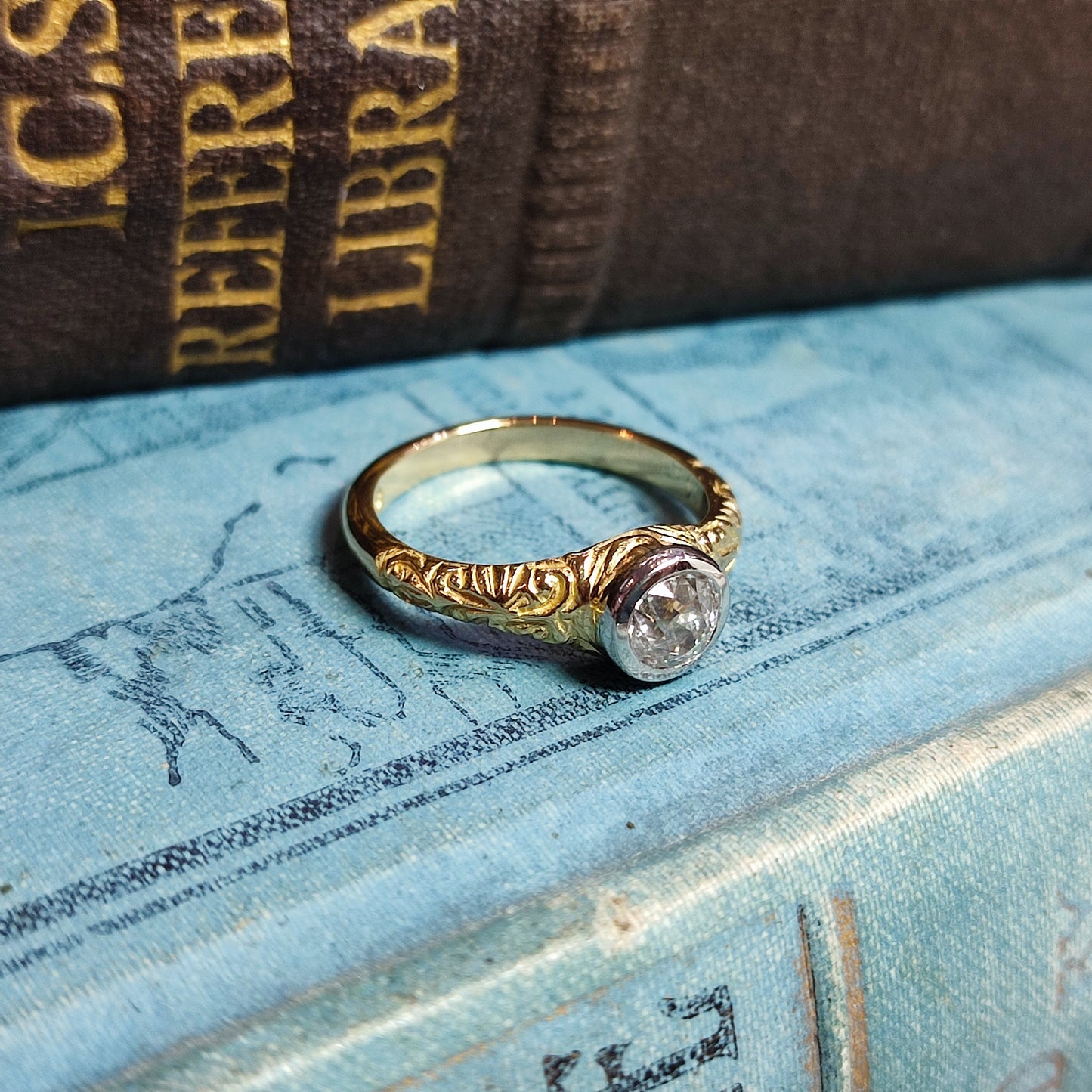 Victorian Carved Scrollwork Engagement Ring with 0.62ct Old European Cut Diamond