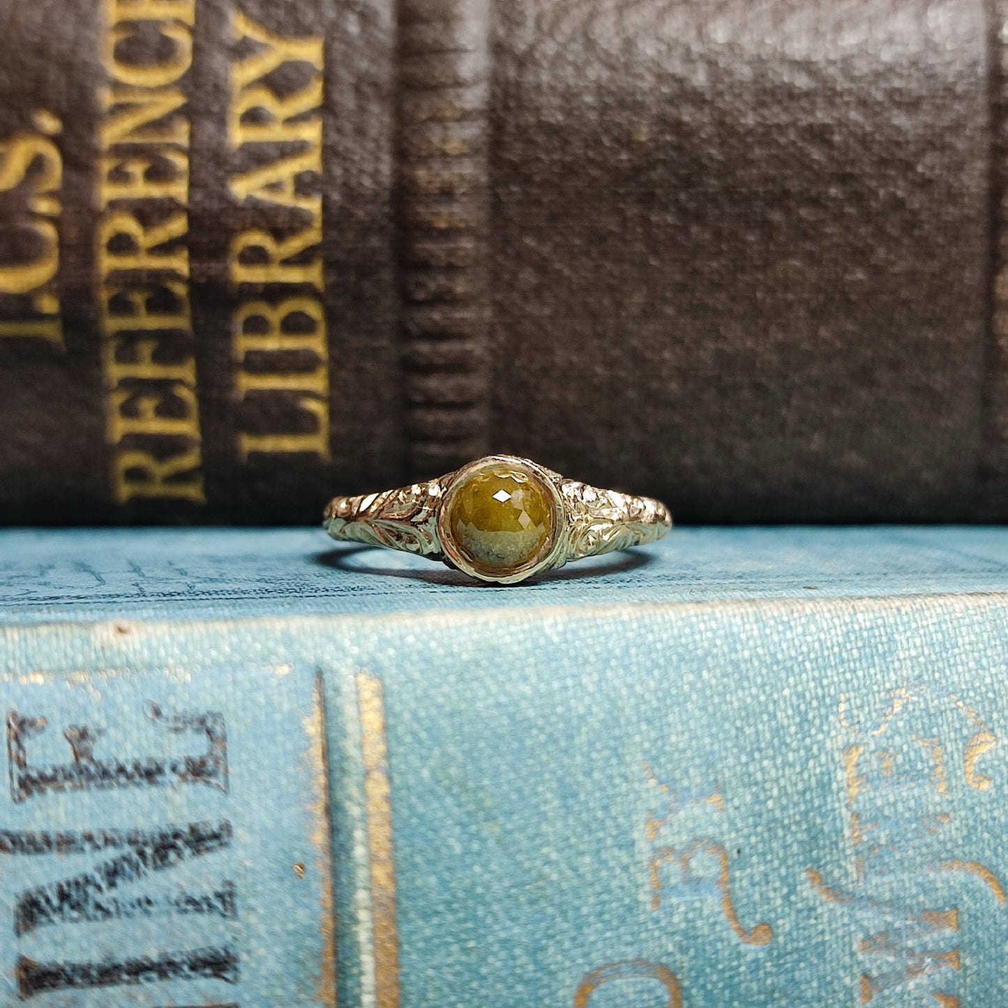 Victorian Carved Scrollwork Engagement Ring with 0.78ct Rose Cut Diamond