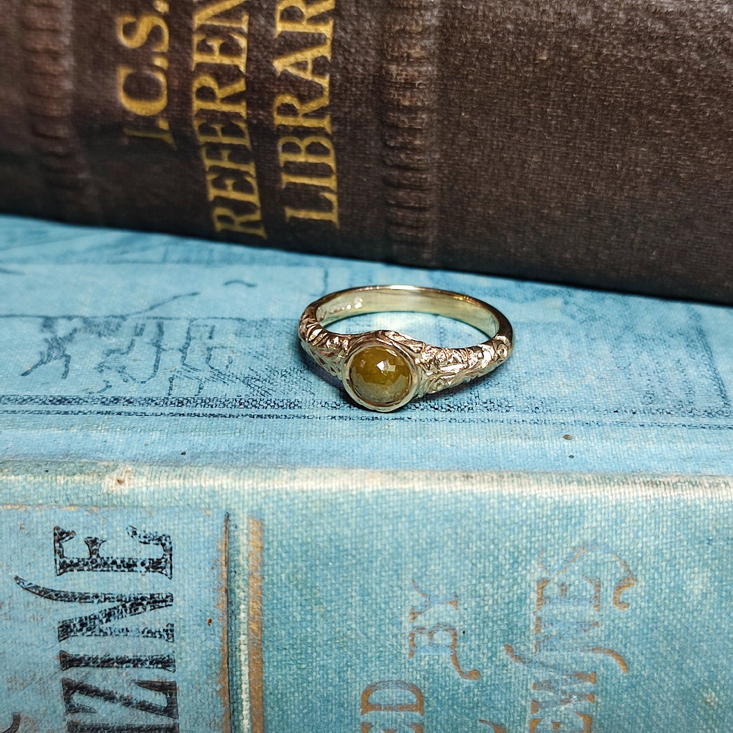 Victorian Carved Scrollwork Engagement Ring with 0.78ct Rose Cut Diamond