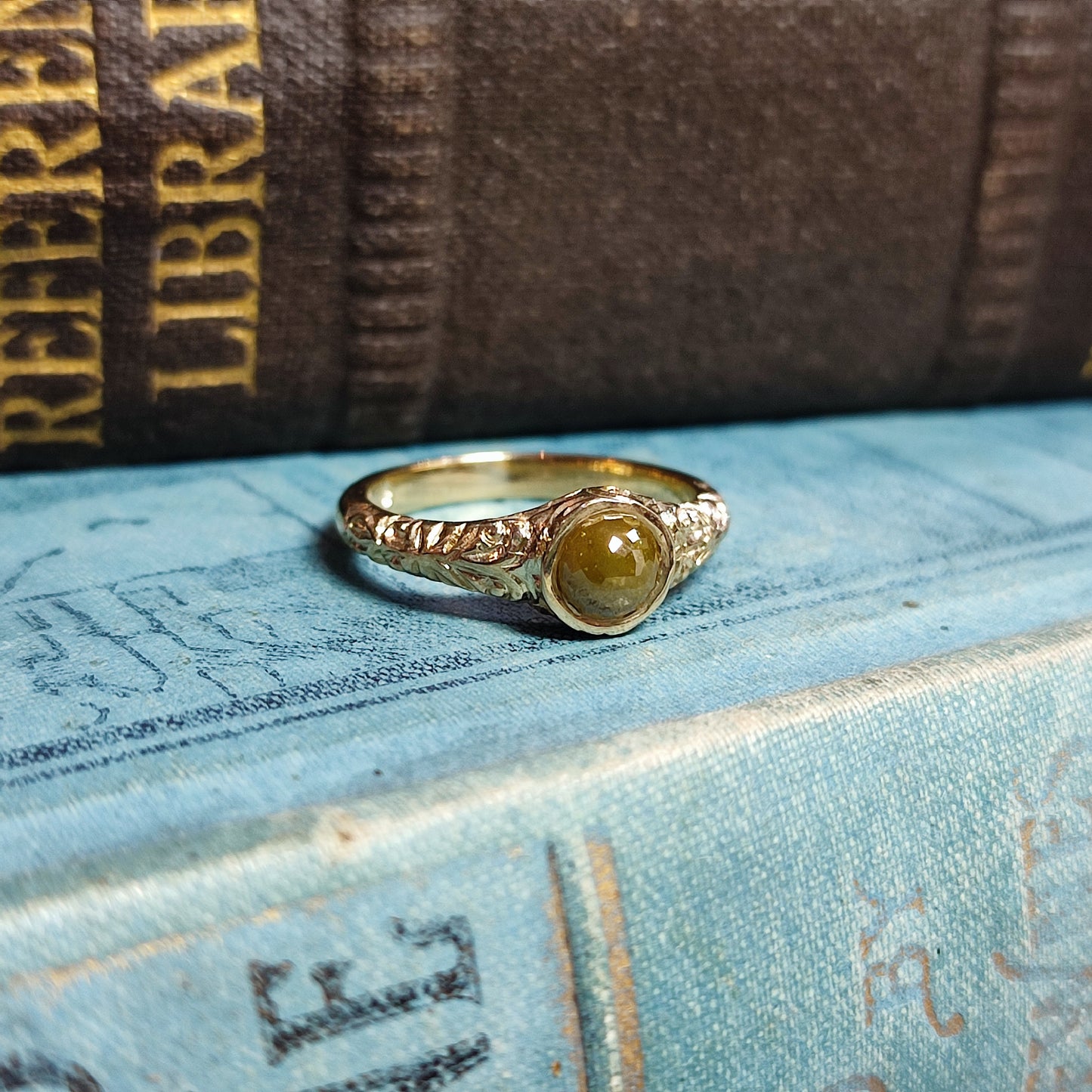 Victorian Carved Scrollwork Engagement Ring with 0.78ct Rose Cut Diamond