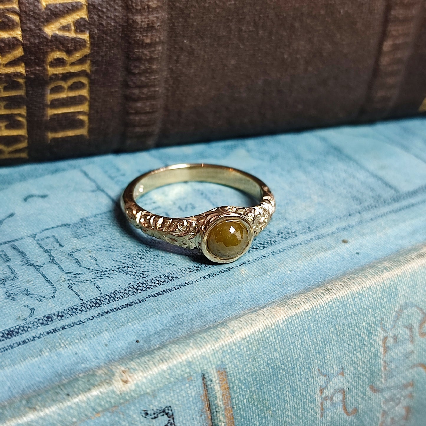 Victorian Carved Scrollwork Engagement Ring with 0.78ct Rose Cut Diamond