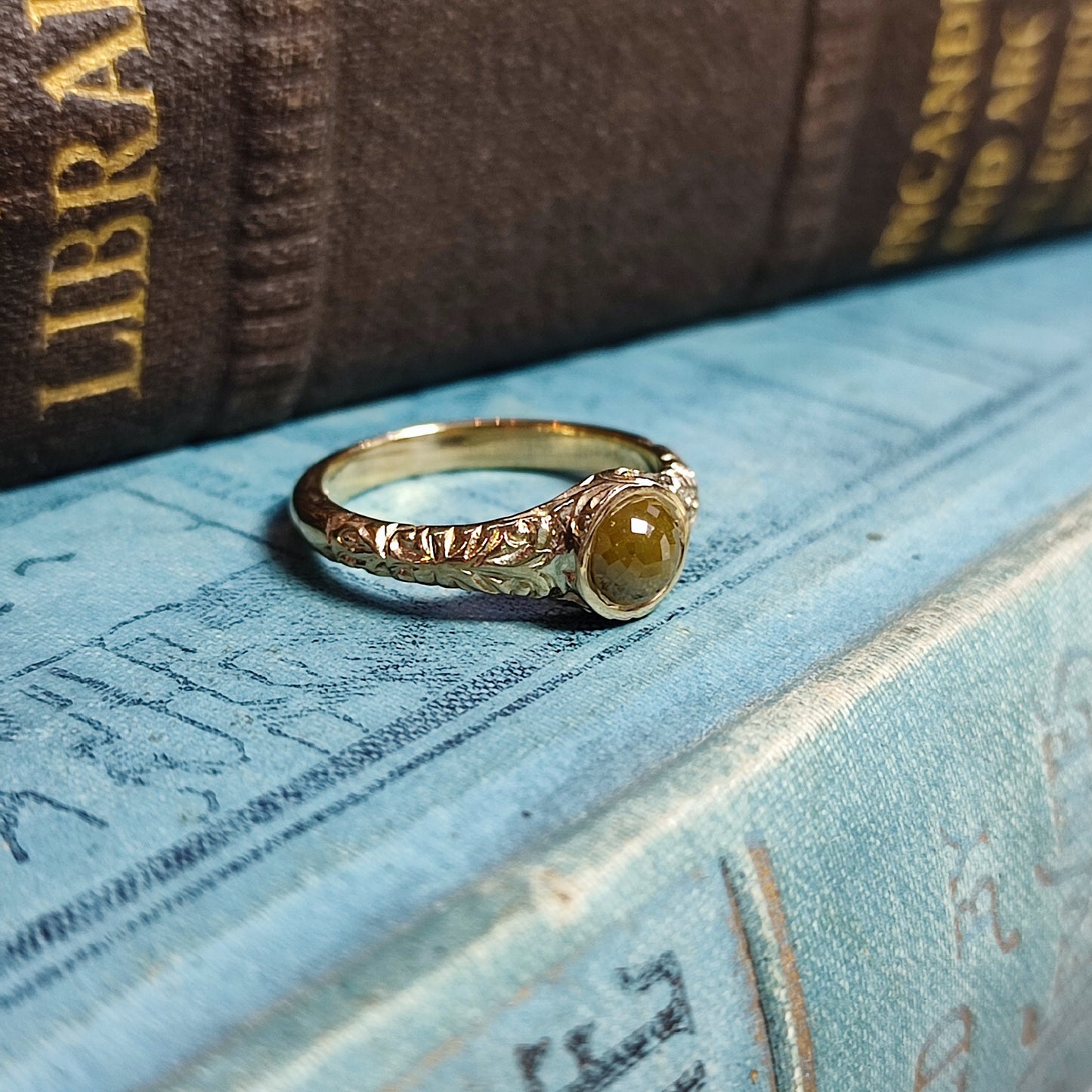 Victorian Carved Scrollwork Engagement Ring with 0.78ct Rose Cut Diamond
