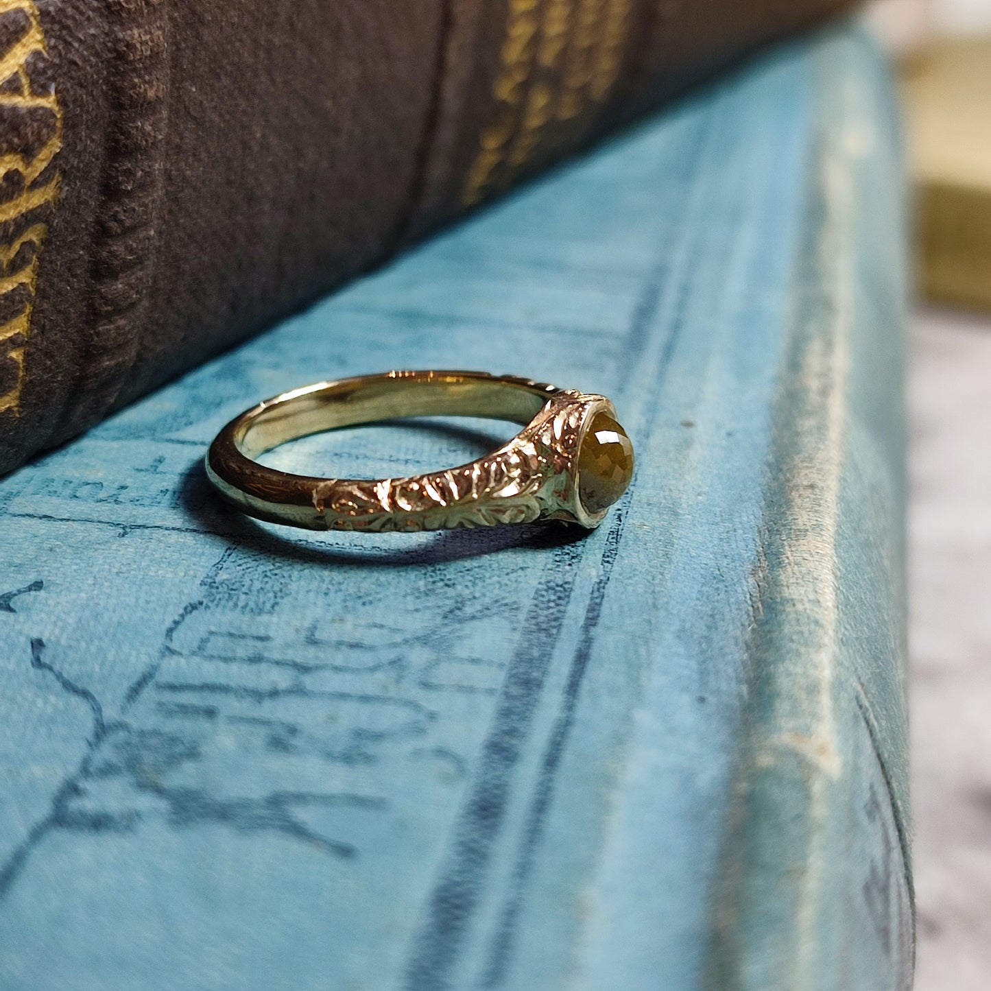 Victorian Carved Scrollwork Engagement Ring with 0.78ct Rose Cut Diamond