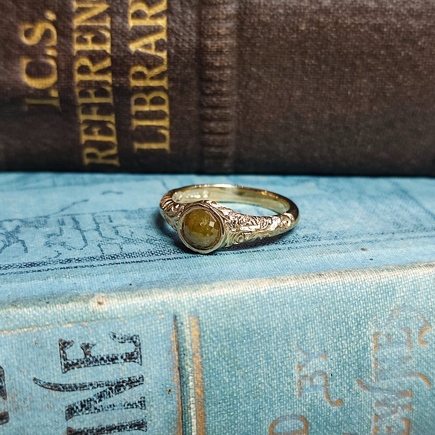 Victorian Carved Scrollwork Engagement Ring with 0.78ct Rose Cut Diamond