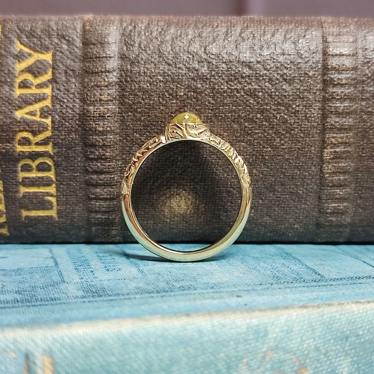 Victorian Carved Scrollwork Engagement Ring with 0.78ct Rose Cut Diamond