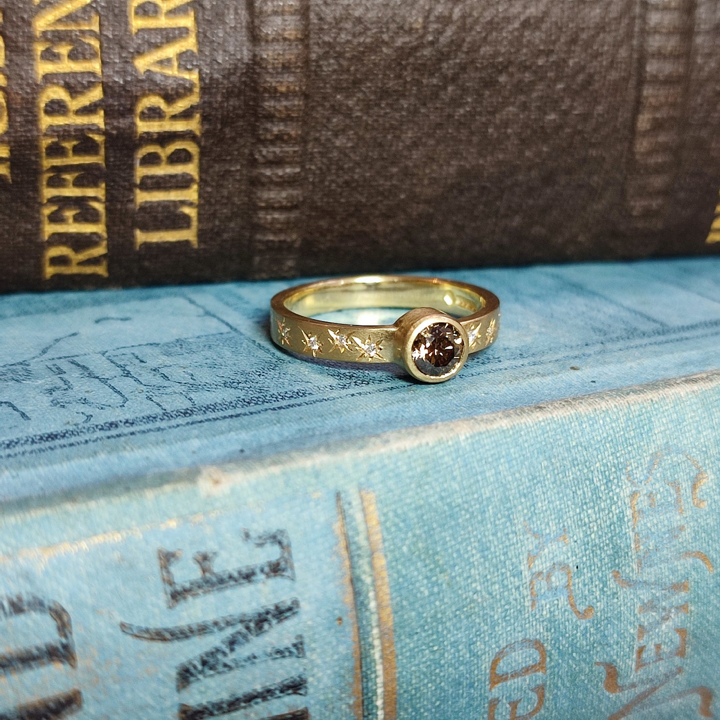 18ct Yellow Gold Rubover Engagement Ring with 0.39ct Fancy Dark Brown Diamond and Star Set Shoulders