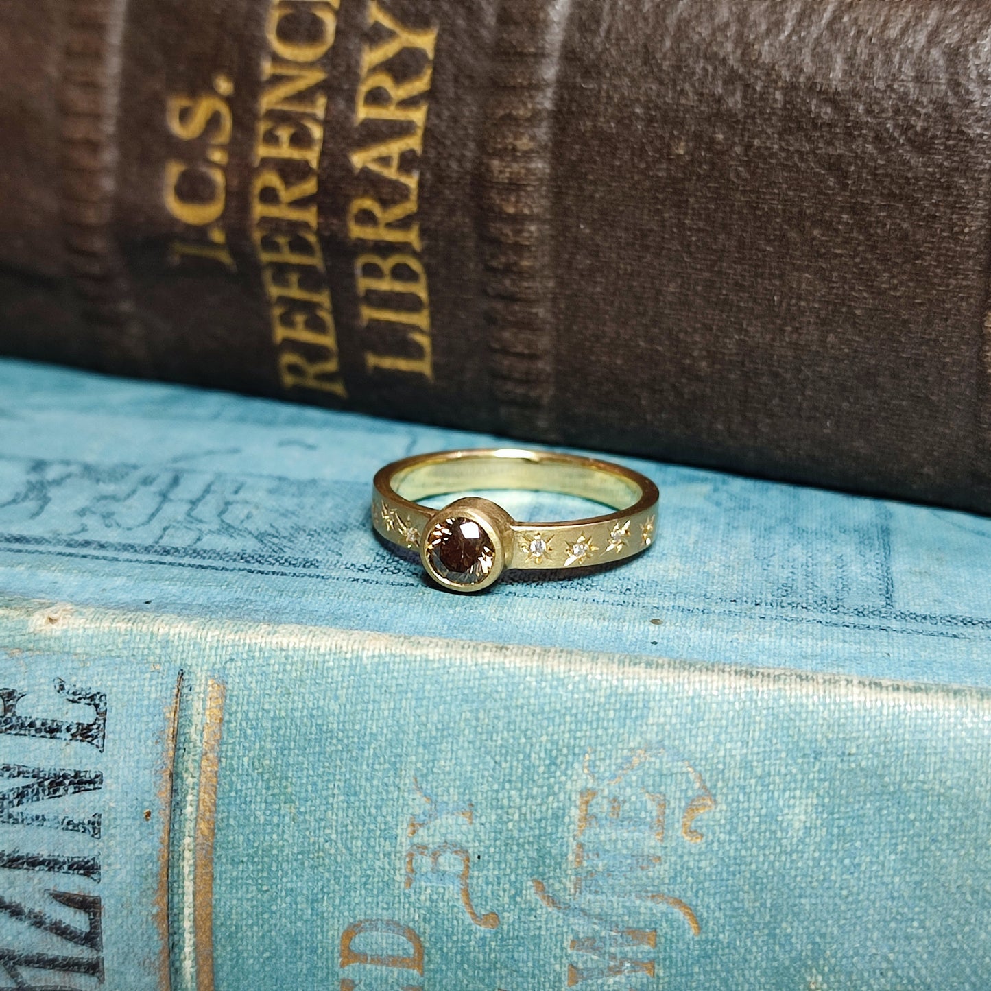 18ct Yellow Gold Rubover Engagement Ring with 0.39ct Fancy Dark Brown Diamond and Star Set Shoulders