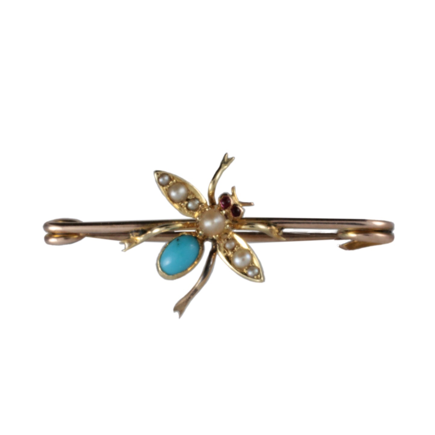 Antique 9ct Edwardian Insect Fly Pin Brooch Pearl, Turquoise & Ruby