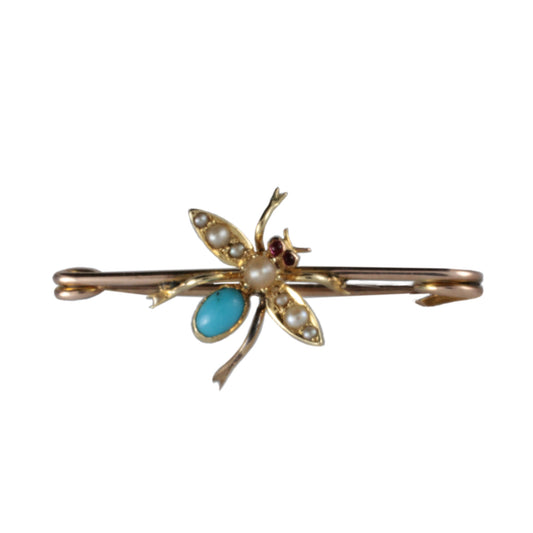 Antique 9ct Edwardian Insect Fly Pin Brooch Pearl, Turquoise & Ruby