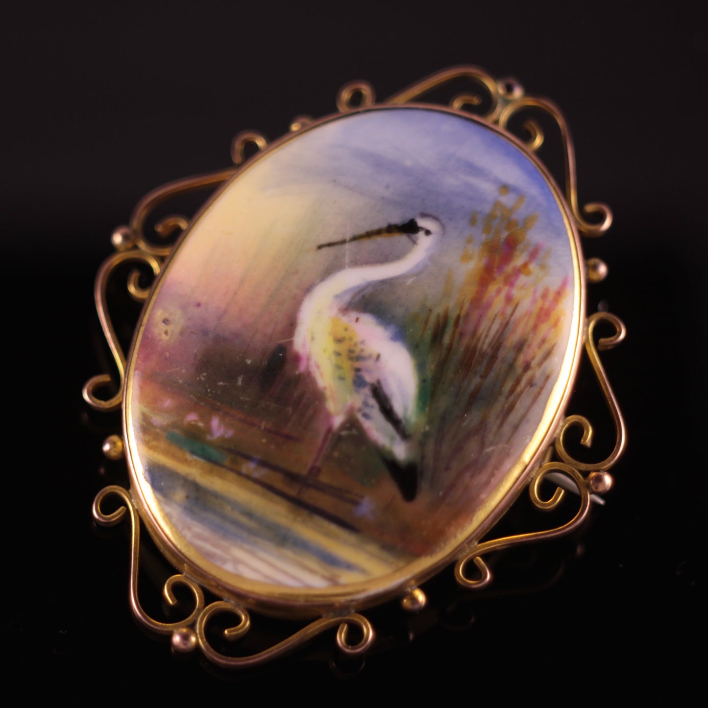 Antique Heron 9ct Yellow Gold Brooch Hand Painted Ceramic 9k brooch bird brooch