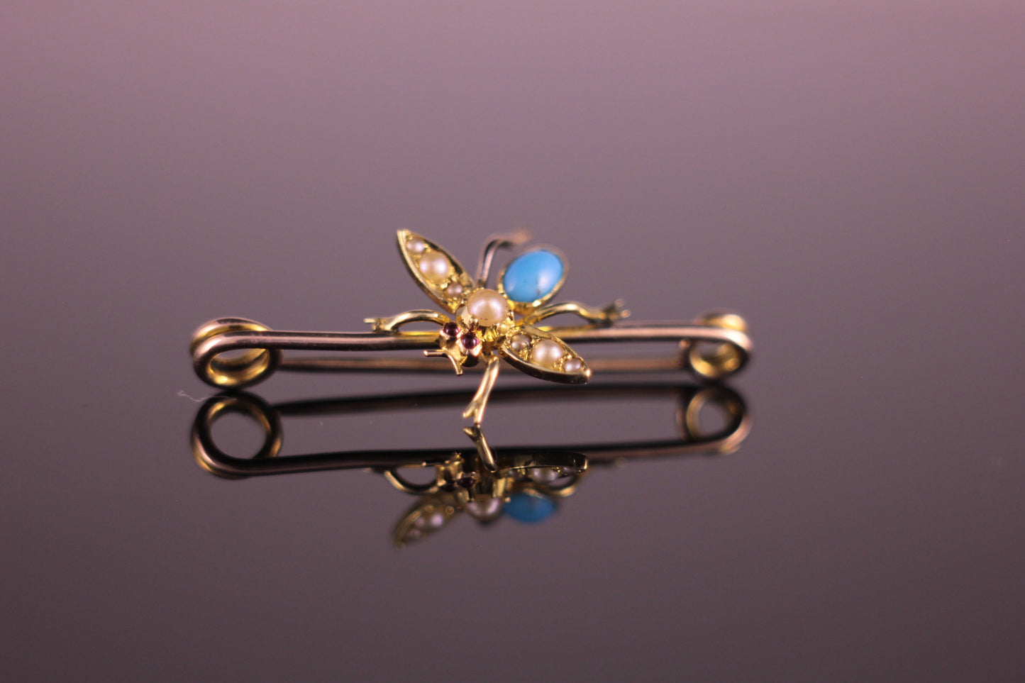 9ct Edwardian Insect Fly Pin Brooch Pearl, Turquoise & Ruby Vintage