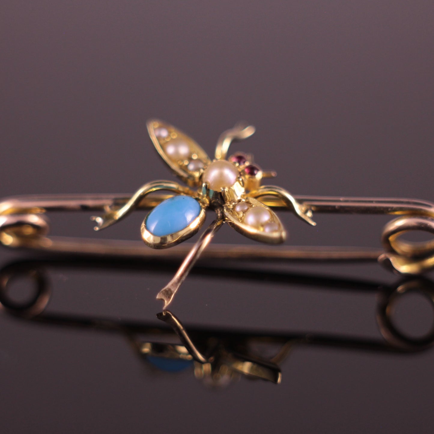 9ct Edwardian Insect Fly Pin Brooch Pearl, Turquoise & Ruby Vintage