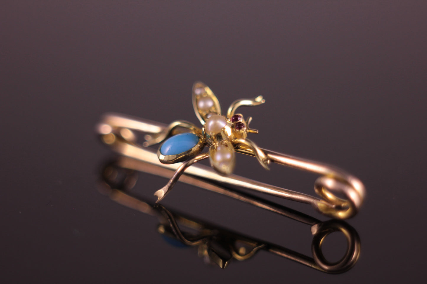 9ct Edwardian Insect Fly Pin Brooch Pearl, Turquoise & Ruby Vintage