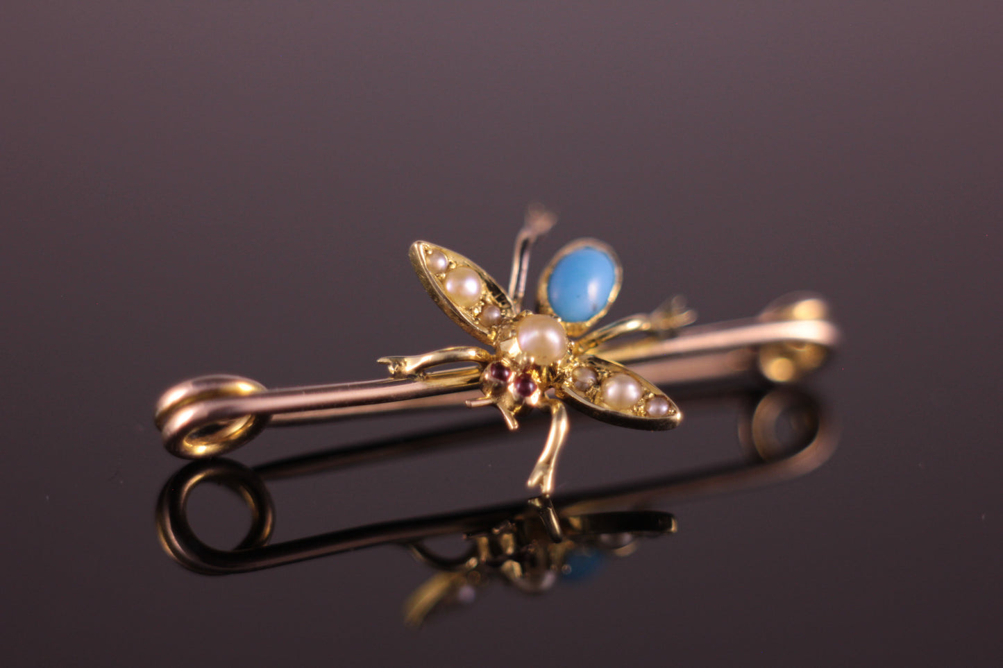 9ct Edwardian Insect Fly Pin Brooch Pearl, Turquoise & Ruby Vintage