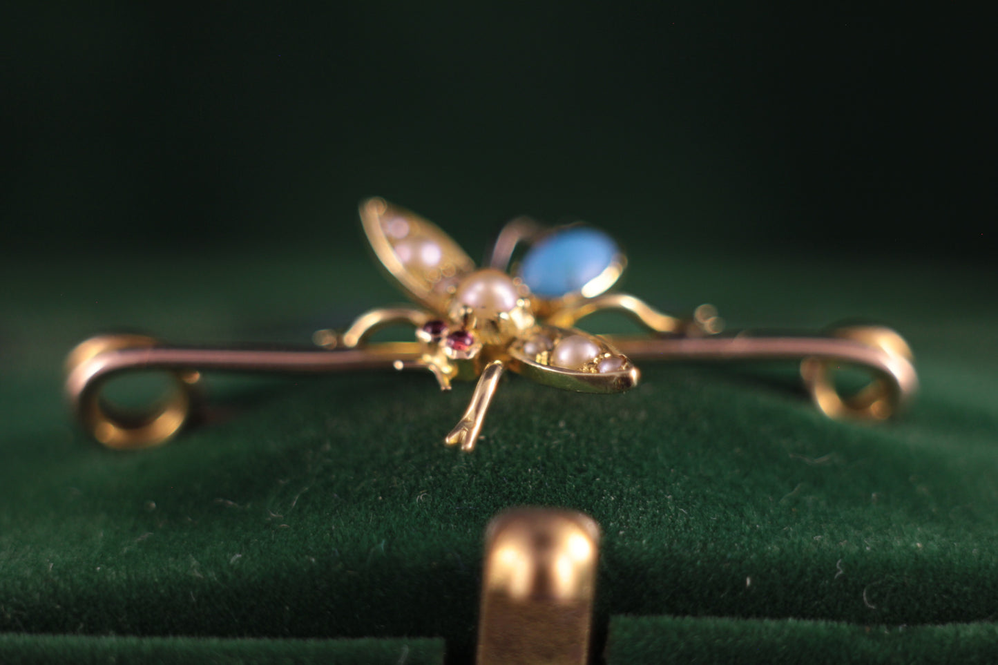 9ct Edwardian Insect Fly Pin Brooch Pearl, Turquoise & Ruby Vintage