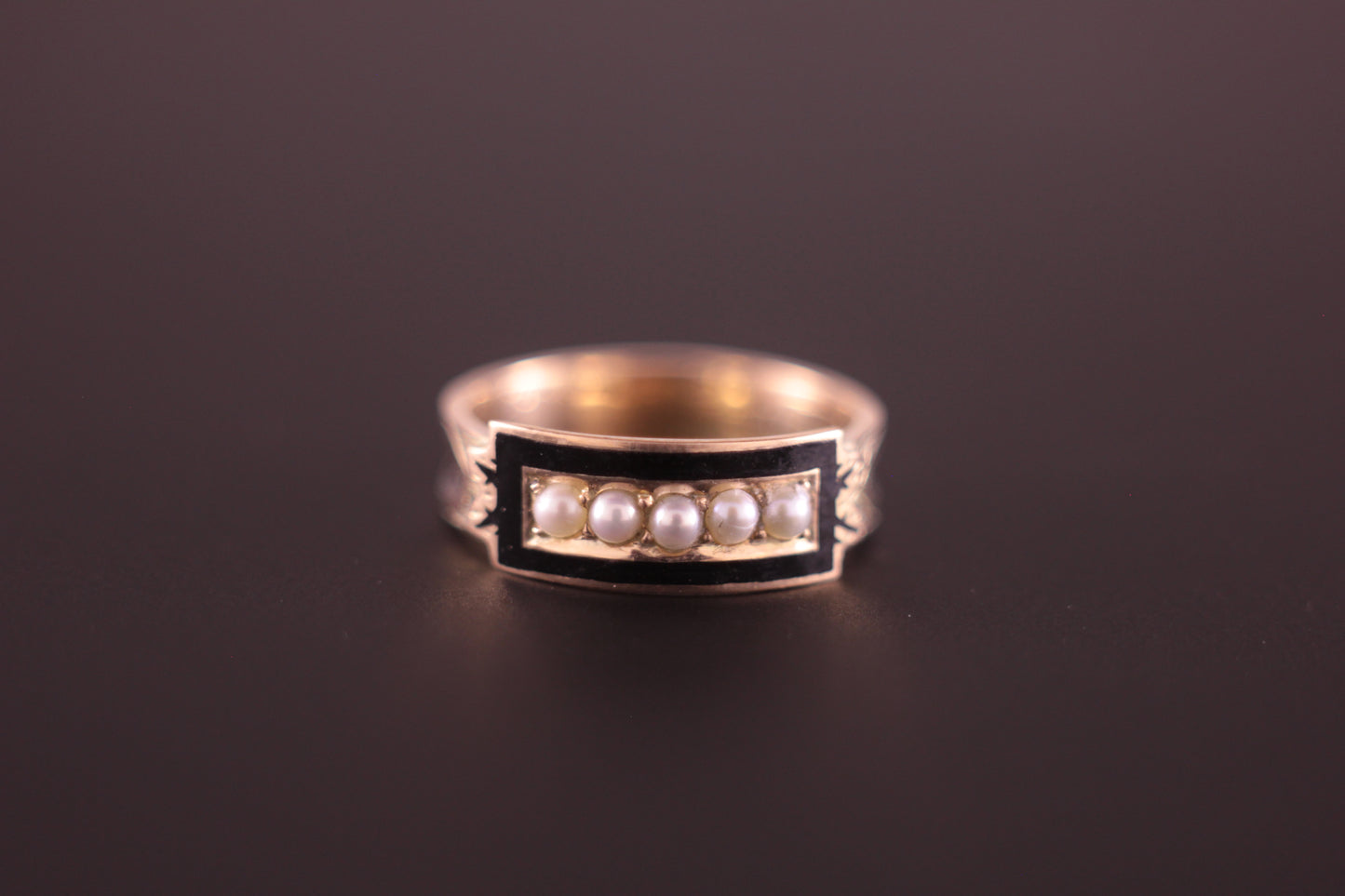 Antique Dated 1888 Memento Mori Mourning Ring Gold with Black Enamel & Pearl