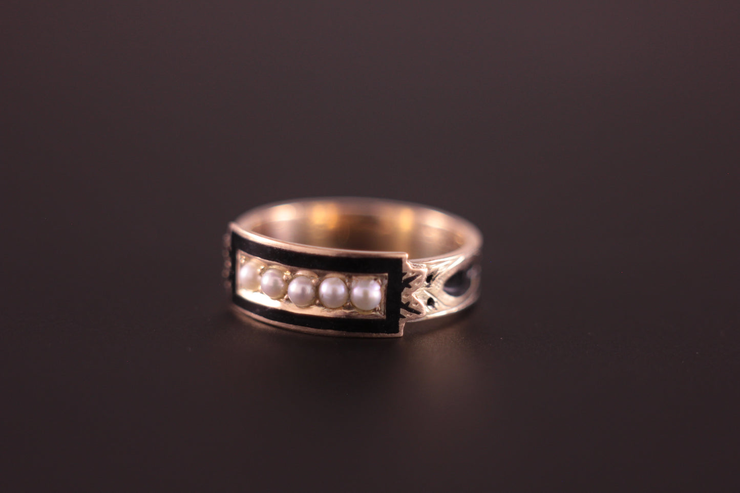 Antique Dated 1888 Memento Mori Mourning Ring Gold with Black Enamel & Pearl
