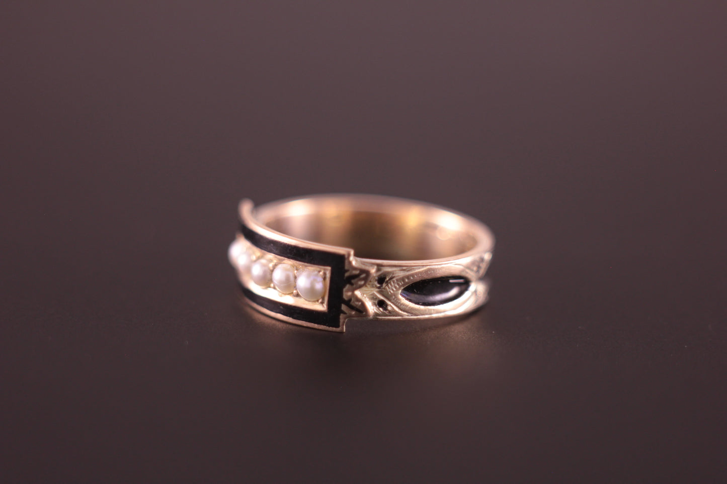 Antique Dated 1888 Memento Mori Mourning Ring Gold with Black Enamel & Pearl