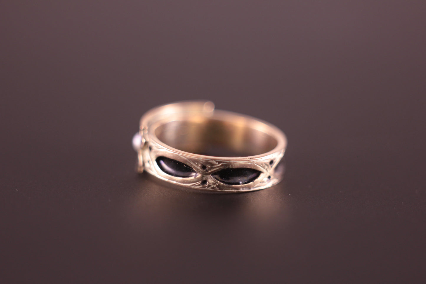 Antique Dated 1888 Memento Mori Mourning Ring Gold with Black Enamel & Pearl