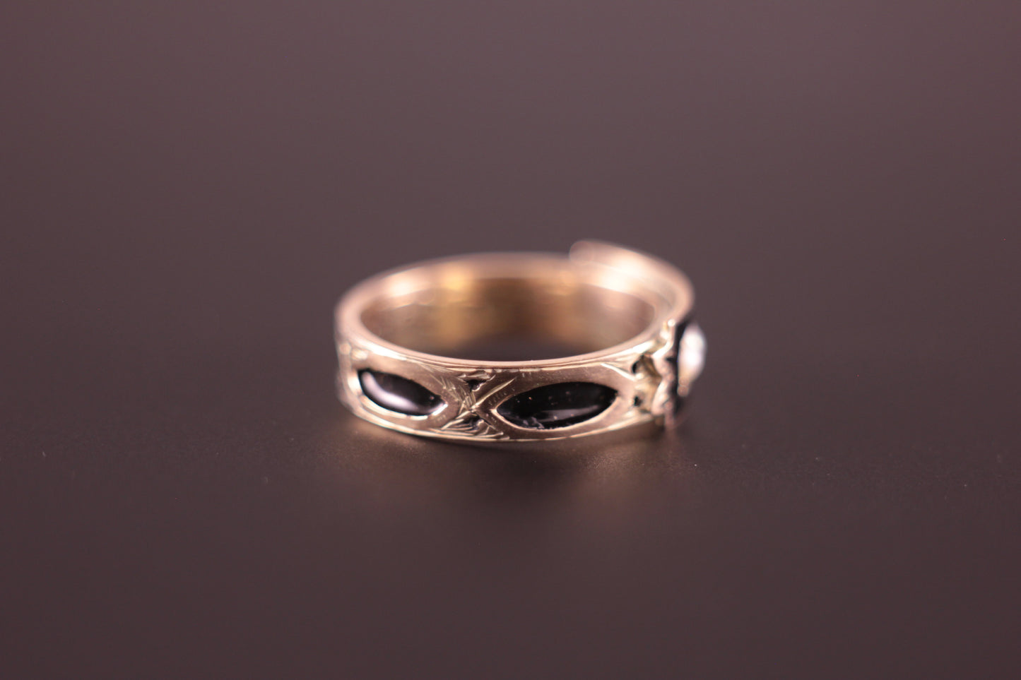 Antique Dated 1888 Memento Mori Mourning Ring Gold with Black Enamel & Pearl