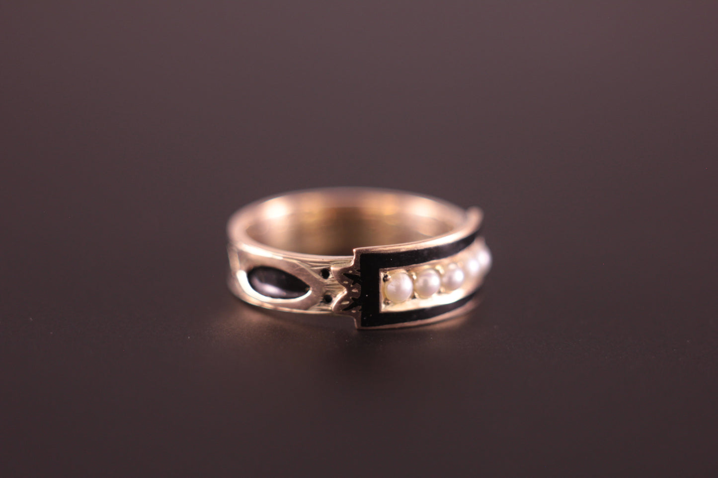 Antique Dated 1888 Memento Mori Mourning Ring Gold with Black Enamel & Pearl