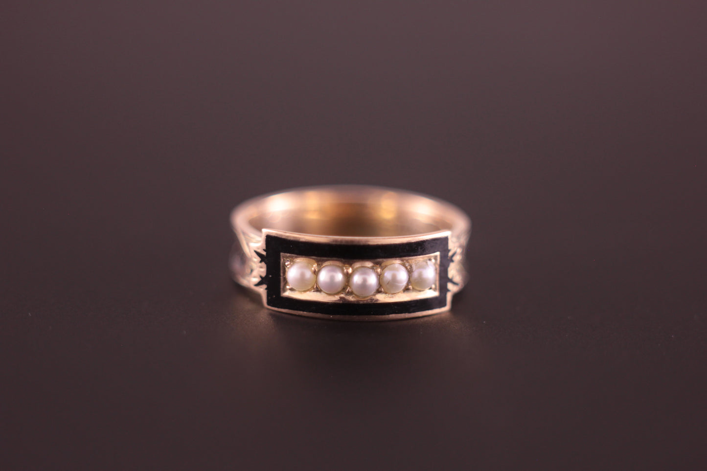 Antique Dated 1888 Memento Mori Mourning Ring Gold with Black Enamel & Pearl