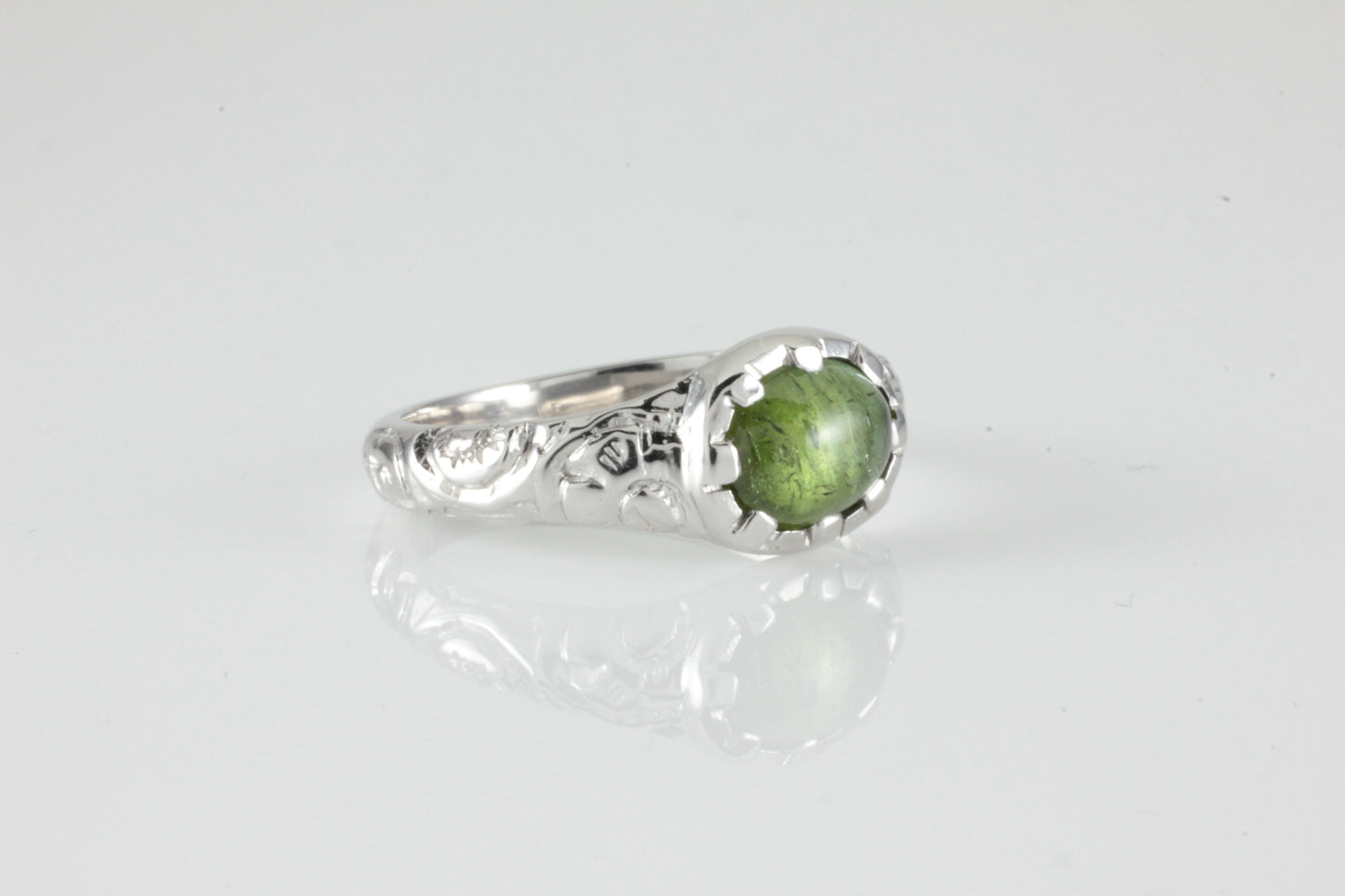 'Nida' Georgian style Oval Green Tourmaline Cabochon Ring Engraved ring