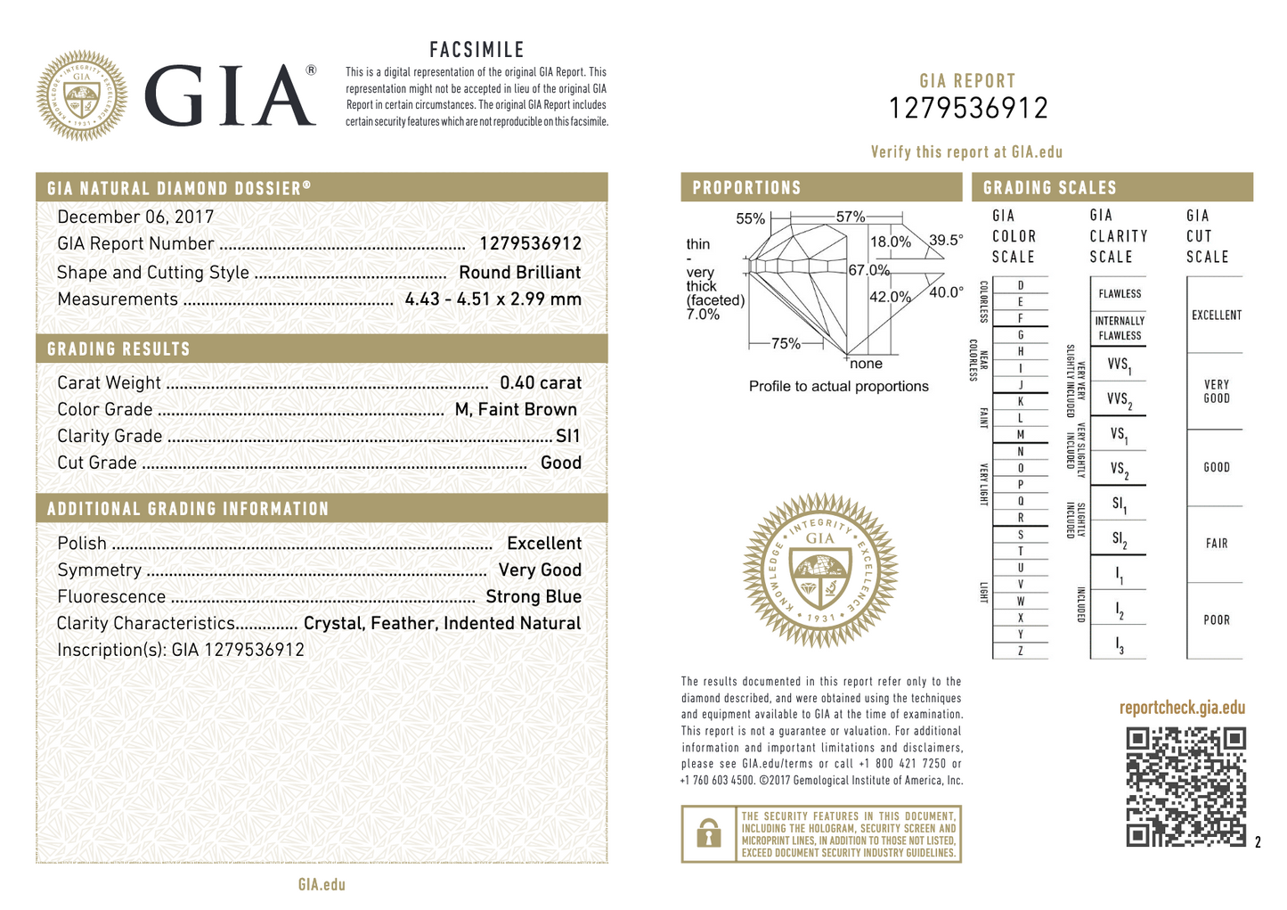 0.40ct Round Brilliant Loose Diamond GIA Certificated M SI1 GIA Conflict Free