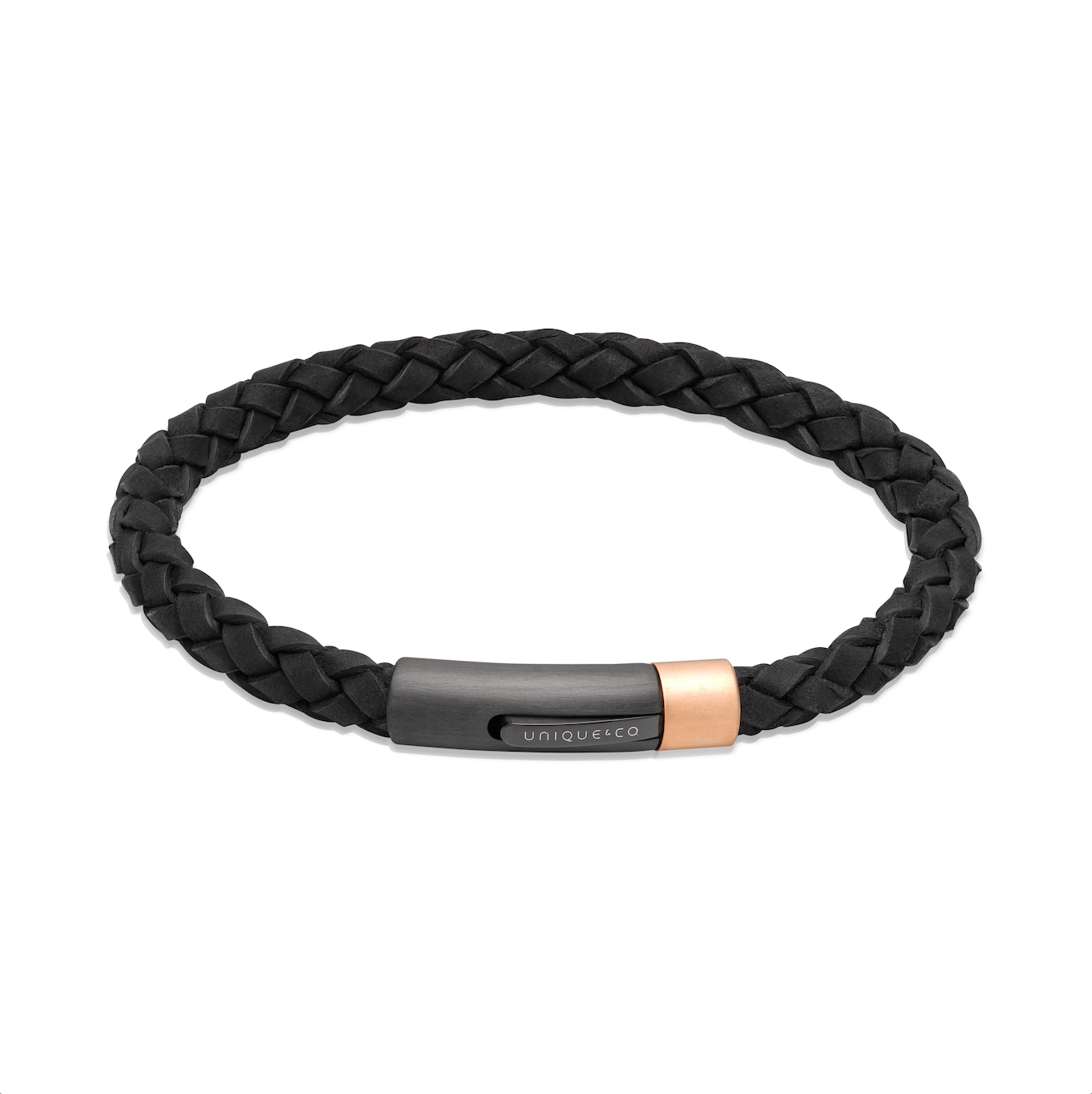 Black Leather Bracelet with Brushed Black & Rose Catch