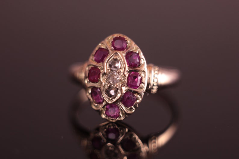 Antique c.1850's Ruby and Diamond Victorian Cluster Ring