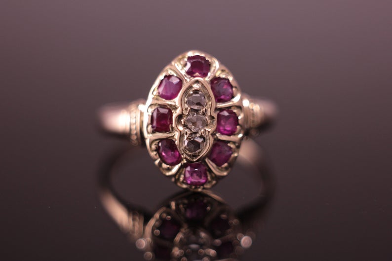 Antique c.1850's Ruby and Diamond Victorian Cluster Ring