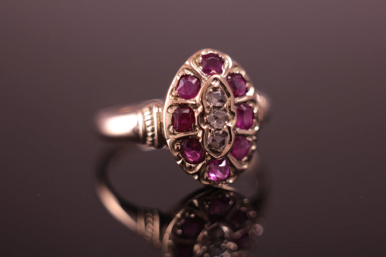 Antique c.1850's Ruby and Diamond Victorian Cluster Ring