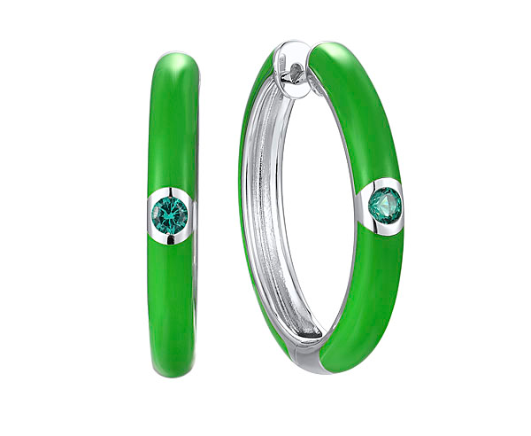 Green Enamel Hoop Earrings in Silver