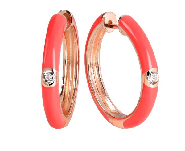 Coral Enamel Hoop Earrings in Silver with Rose Gold plating