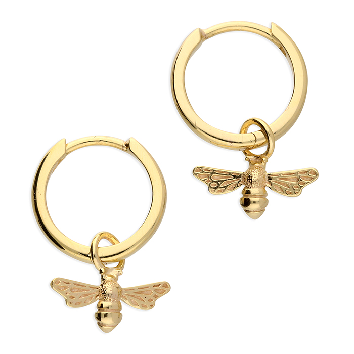 Bee Hinged Hoop Earrings Yellow Gold Plated Silver