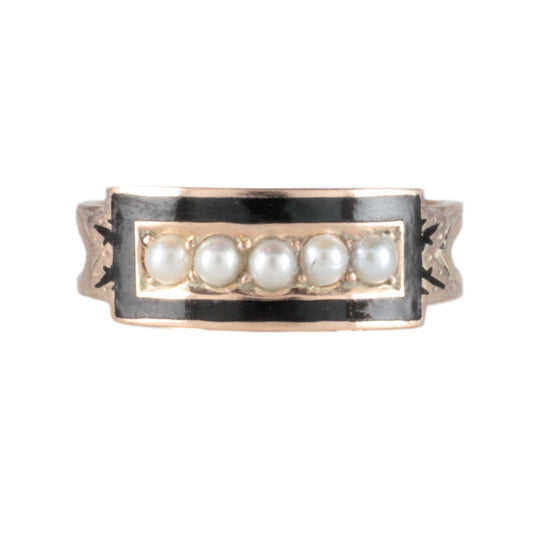 Antique Dated 1888 Memento Mori Mourning Ring Gold with Black Enamel & Pearl
