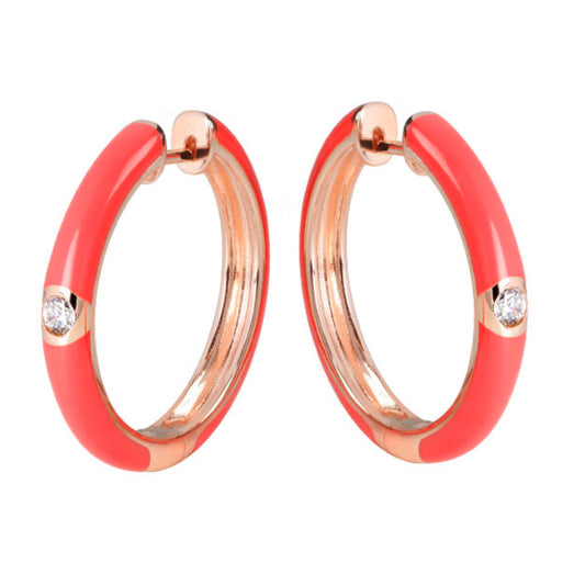 Coral Enamel Hoop Earrings in Silver with Rose Gold plating