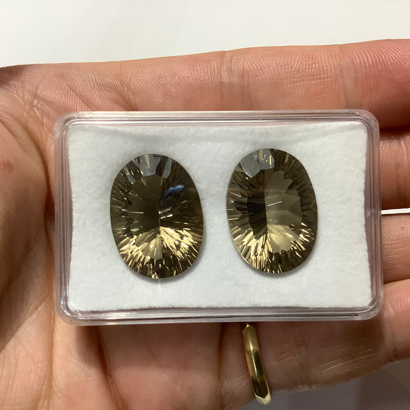 Pair of Oval Smokey Quartz Laser Cut Loose Stones 22x16mm