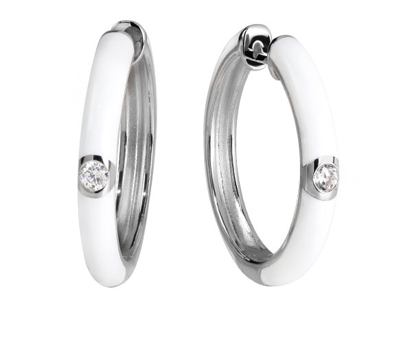 White Enamel Hoop Earrings in Silver