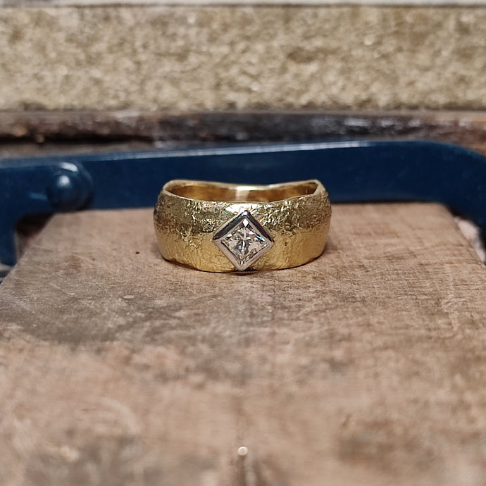 Organic Textured Ring with Rubover Princess Cut Diamond