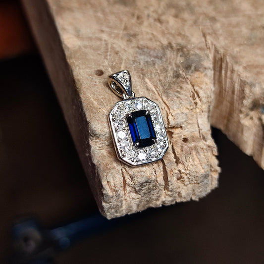 Emerald Cut Sapphire Ring Remodel into a Diamond Halo Pendant
