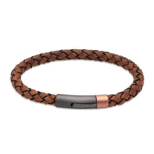 Brown Leather Bracelet with Brushed Black & Rose Plated Catch