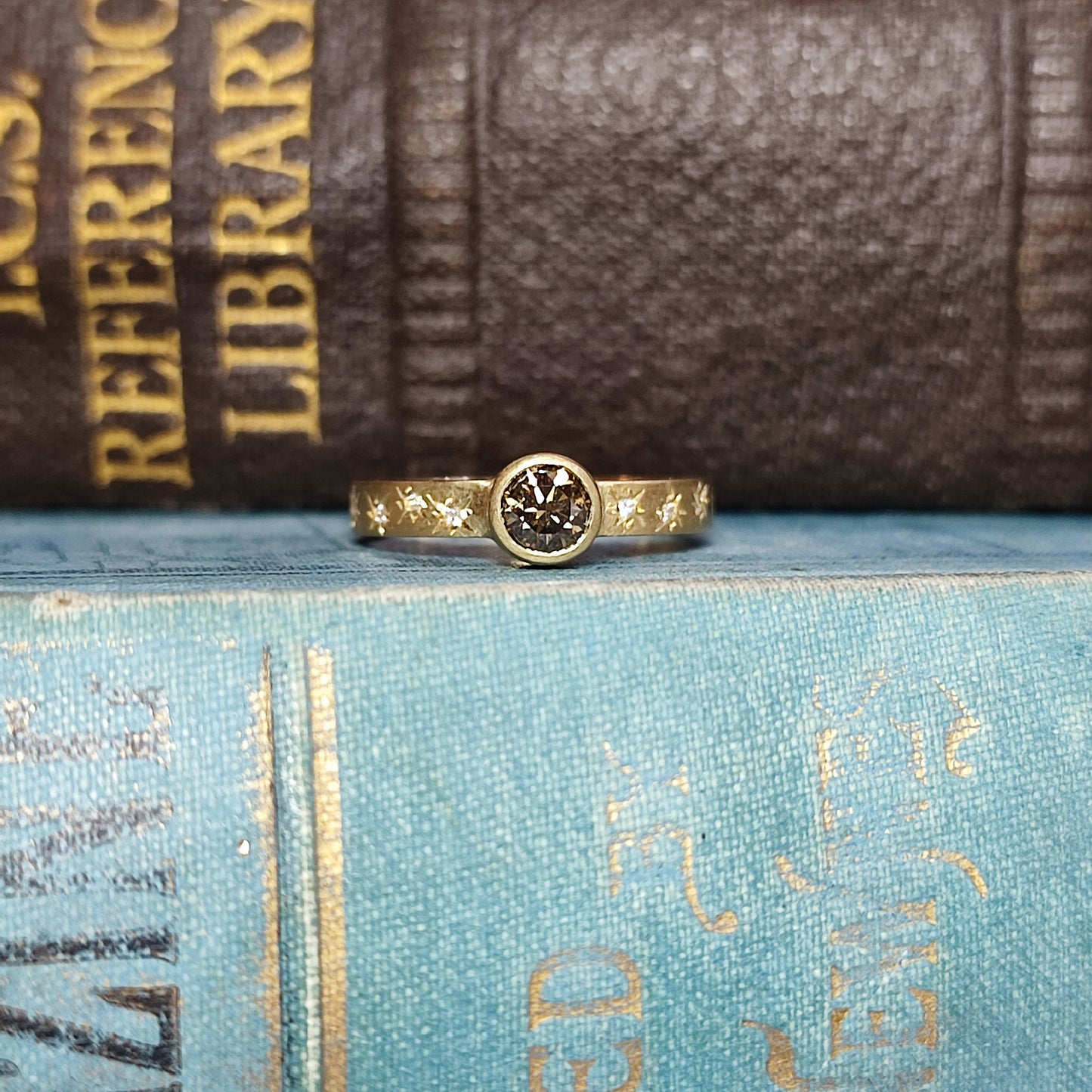 18ct Yellow Gold Rubover Engagement Ring with 0.39ct Fancy Dark Brown Diamond and Star Set Shoulders