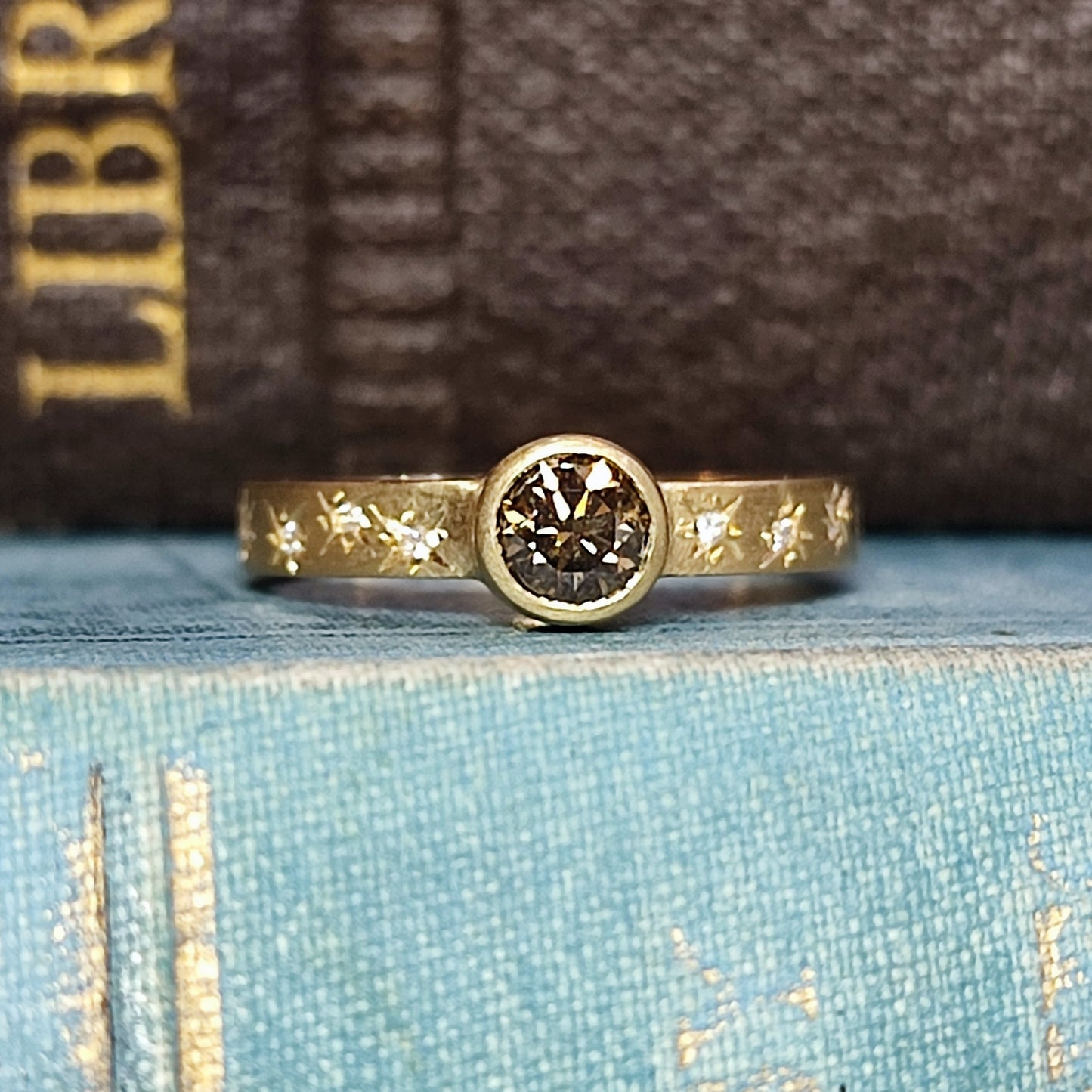 18ct Yellow Gold Rubover Engagement Ring with 0.39ct Fancy Dark Brown Diamond and Star Set Shoulders