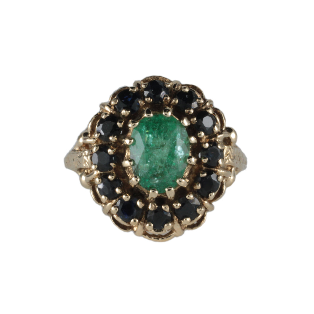 Vintage 9ct Yellow Gold Emerald & Sapphire Ring c.1982